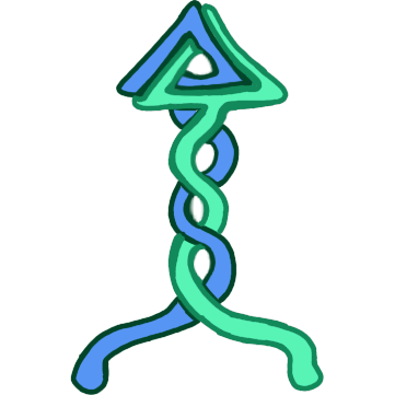 two blue strings, one greenish blue and lighter than the other, start separately then twist together and form an arrow at the top.